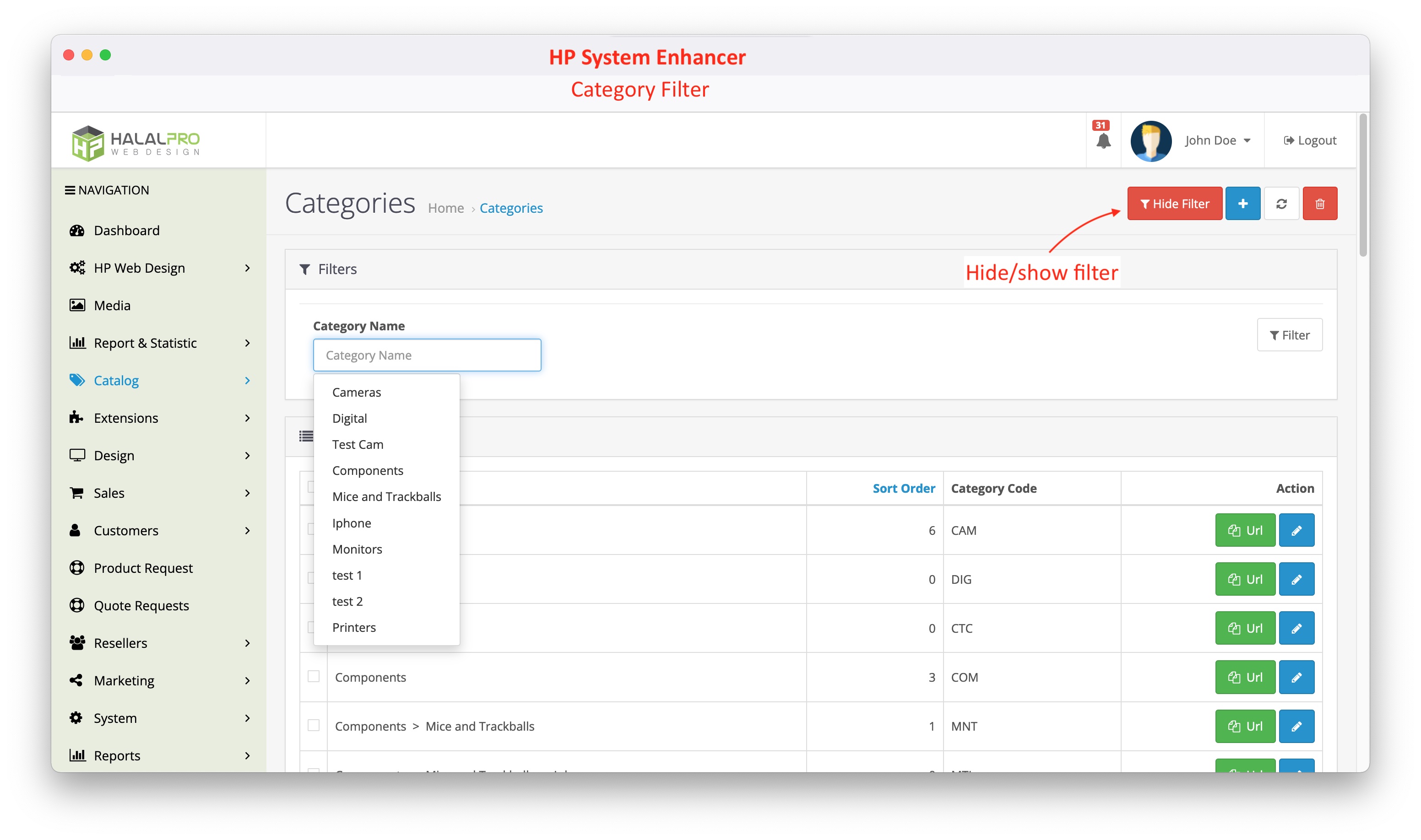 category filter on system enhancer opencart